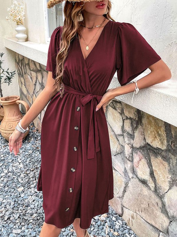 V-Neck Midi Dress with Short Flutter Sleeves and Waist Tie