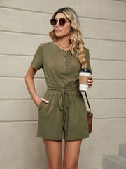 Short Sleeve Romper with Elastic Waist and Pockets