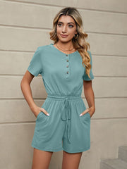 Short Sleeve Romper with Elastic Waist and Pockets