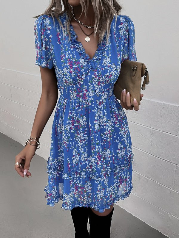 V-Neck Ruffled Mini Dress with Short Flutter Sleeves