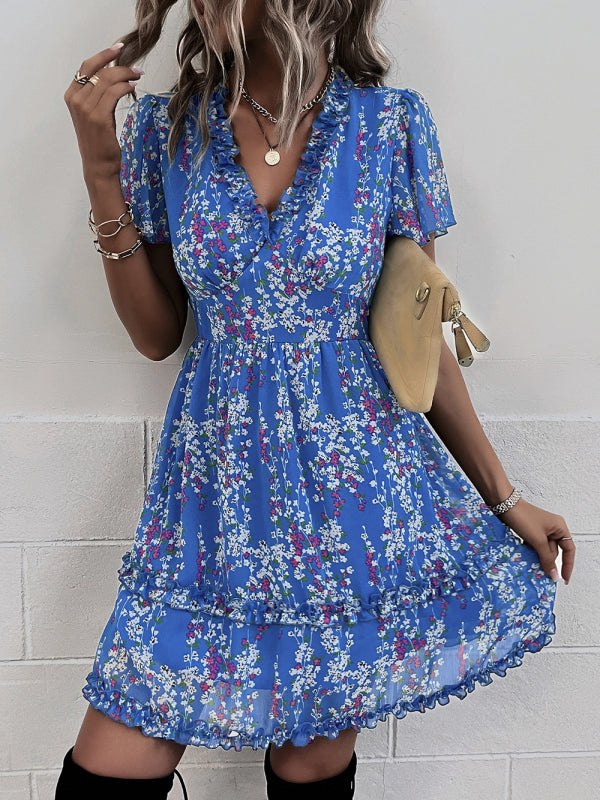 V-Neck Ruffled Mini Dress with Short Flutter Sleeves