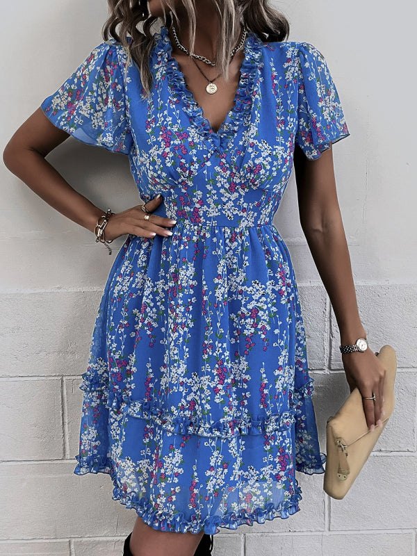 V-Neck Ruffled Mini Dress with Short Flutter Sleeves