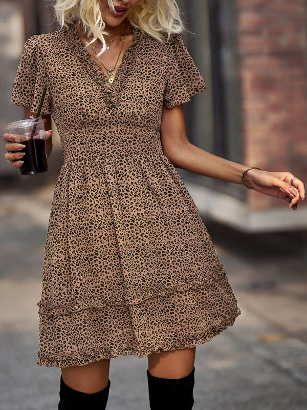 V-Neck Ruffled Mini Dress with Short Flutter Sleeves
