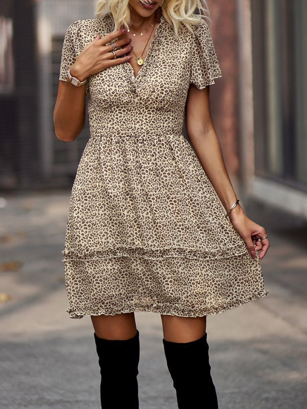 V-Neck Ruffled Mini Dress with Short Flutter Sleeves