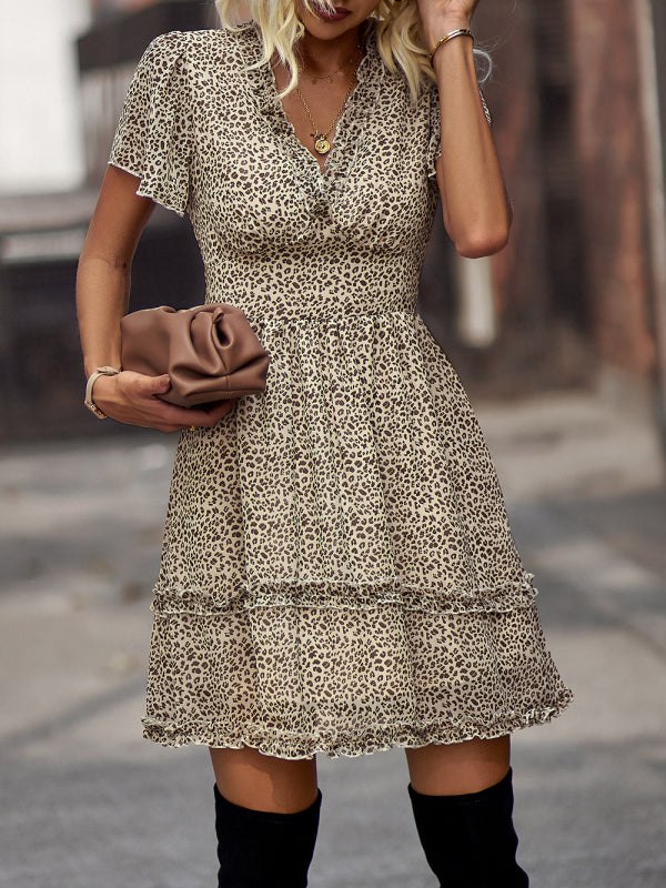 V-Neck Ruffled Mini Dress with Short Flutter Sleeves