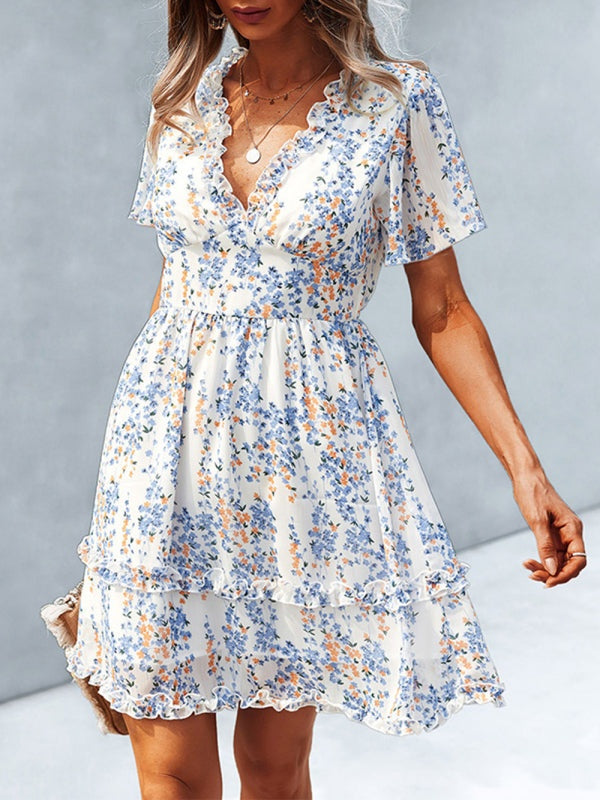 V-Neck Ruffled Mini Dress with Short Flutter Sleeves