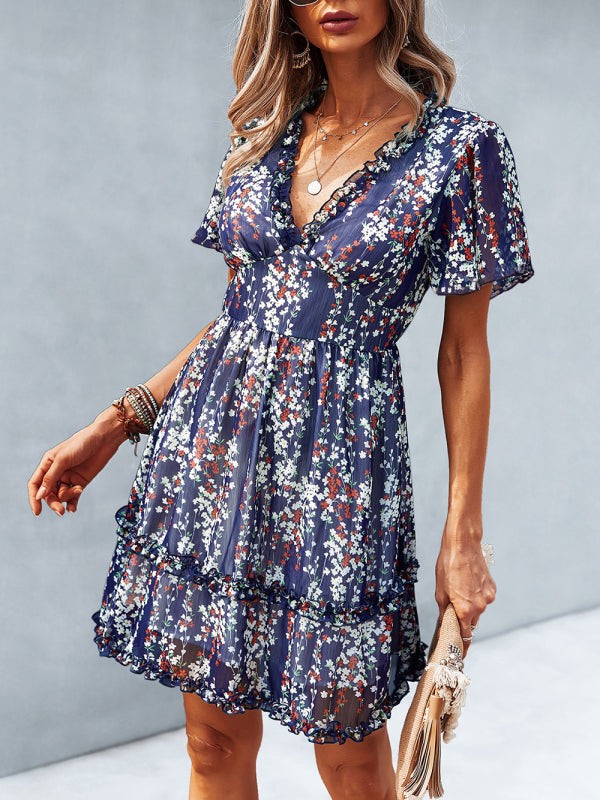 V-Neck Ruffled Mini Dress with Short Flutter Sleeves