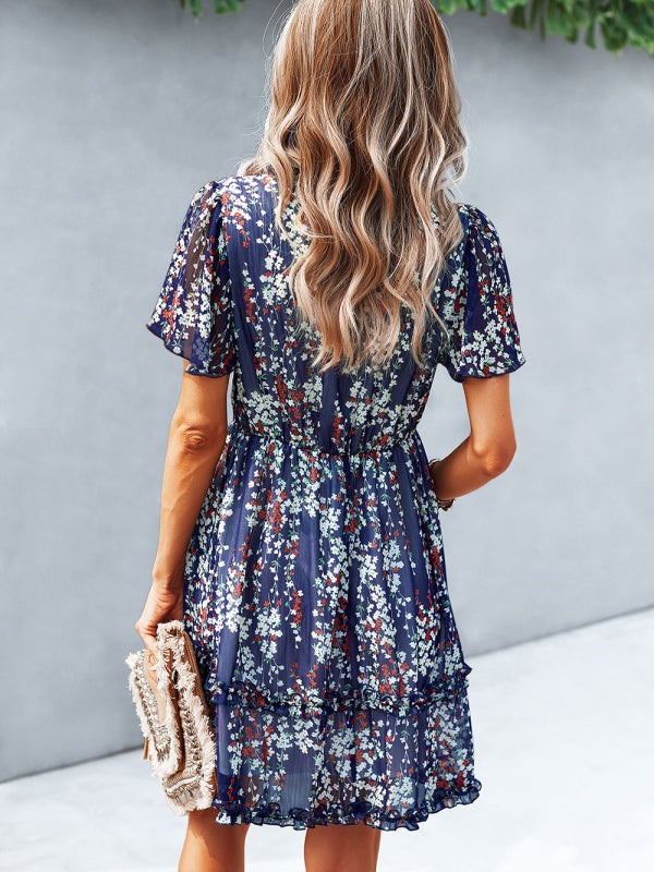 V-Neck Ruffled Mini Dress with Short Flutter Sleeves