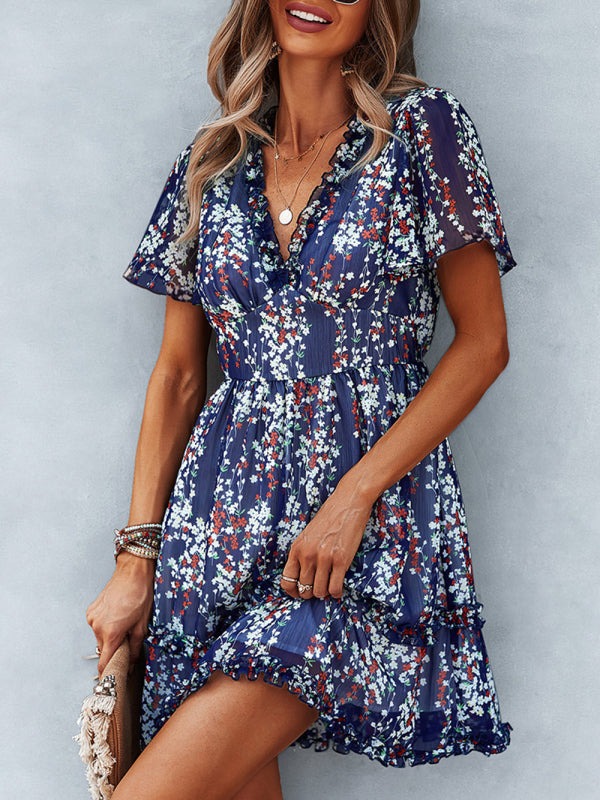 V-Neck Ruffled Mini Dress with Short Flutter Sleeves