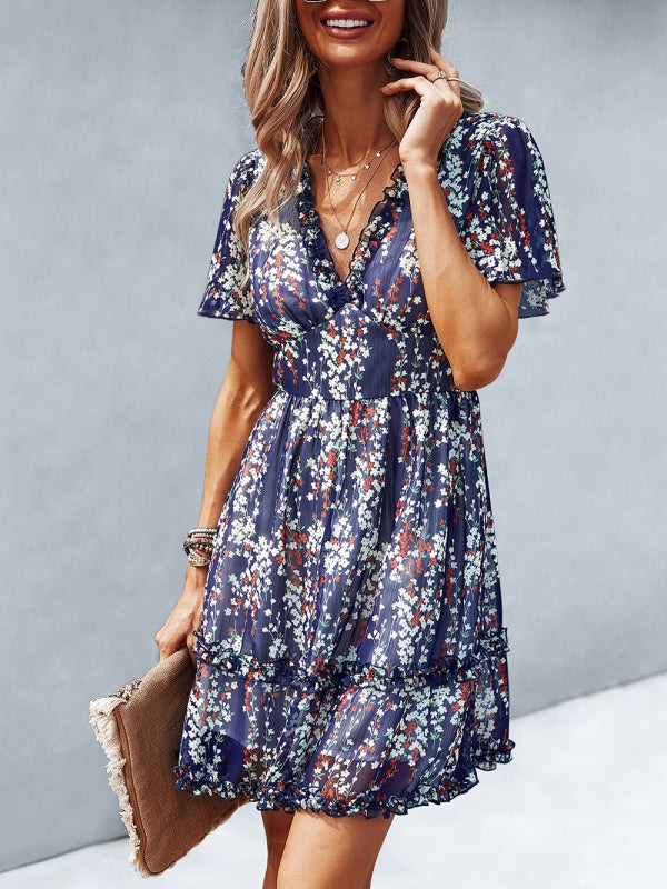 V-Neck Ruffled Mini Dress with Short Flutter Sleeves