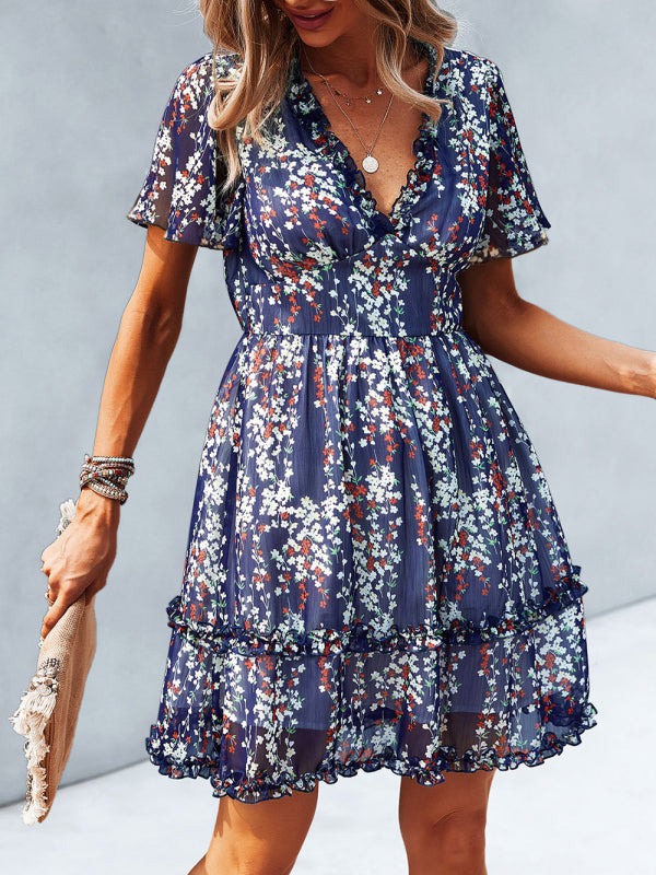 V-Neck Ruffled Mini Dress with Short Flutter Sleeves