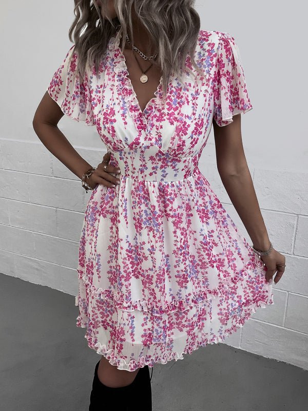 V-Neck Ruffled Mini Dress with Short Flutter Sleeves