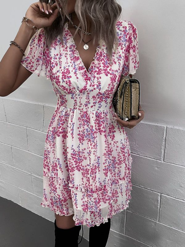 V-Neck Ruffled Mini Dress with Short Flutter Sleeves