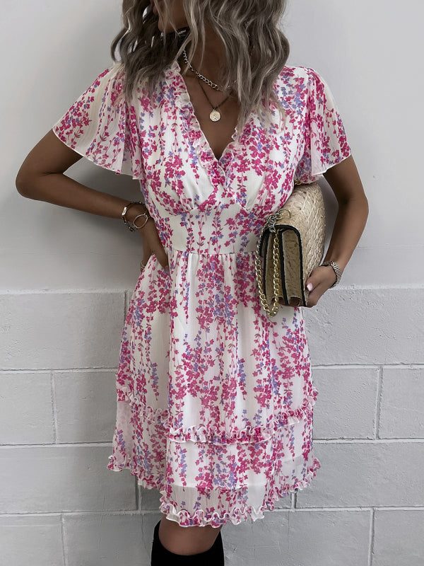 V-Neck Ruffled Mini Dress with Short Flutter Sleeves
