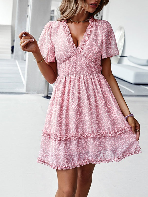 V-Neck Ruffled Mini Dress with Short Flutter Sleeves