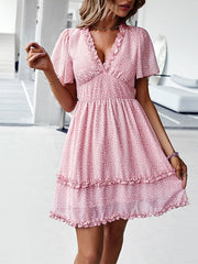 V-Neck Ruffled Mini Dress with Short Flutter Sleeves
