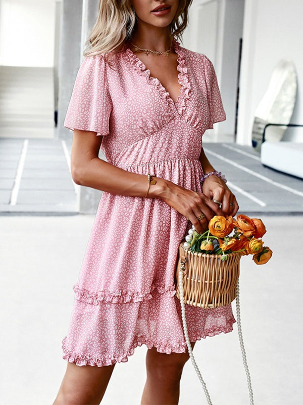 V-Neck Ruffled Mini Dress with Short Flutter Sleeves