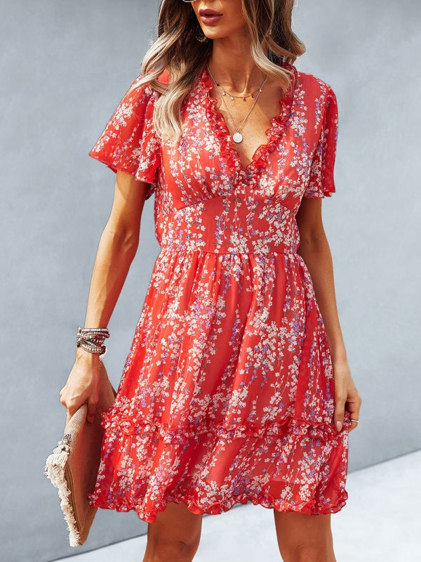 V-Neck Ruffled Mini Dress with Short Flutter Sleeves