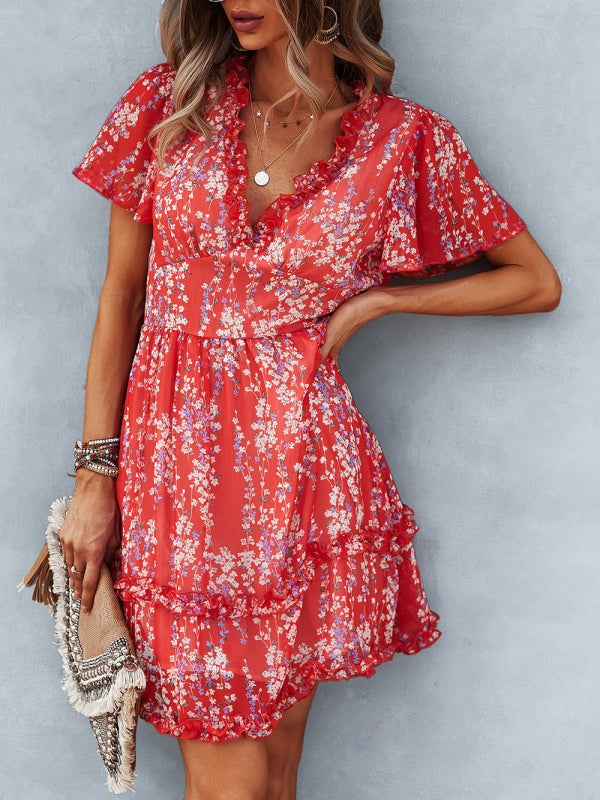 V-Neck Ruffled Mini Dress with Short Flutter Sleeves