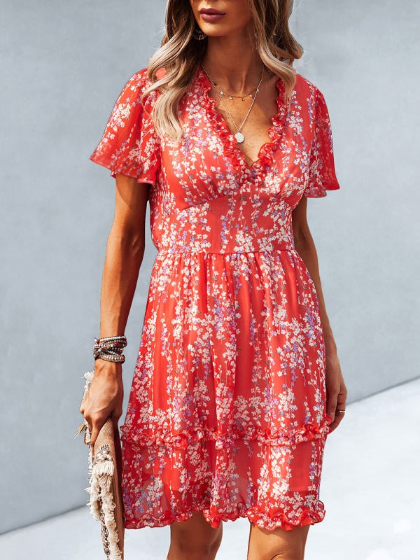 V-Neck Ruffled Mini Dress with Short Flutter Sleeves