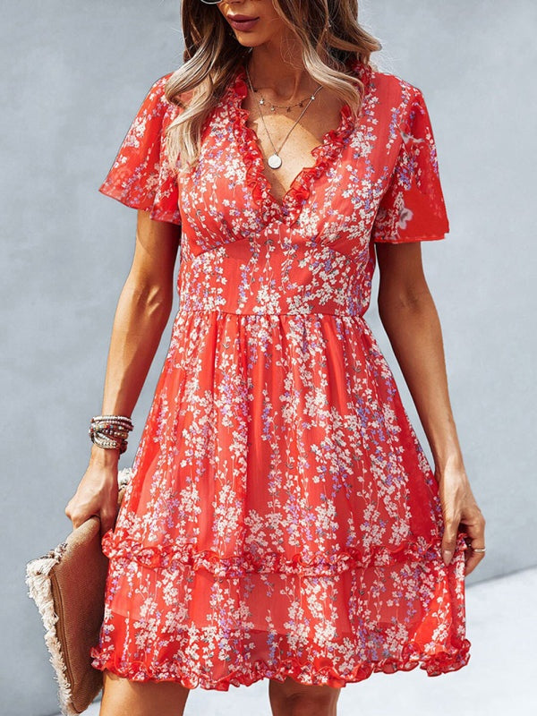 V-Neck Ruffled Mini Dress with Short Flutter Sleeves