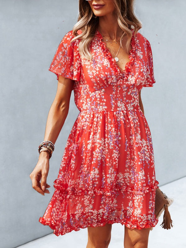 V-Neck Ruffled Mini Dress with Short Flutter Sleeves