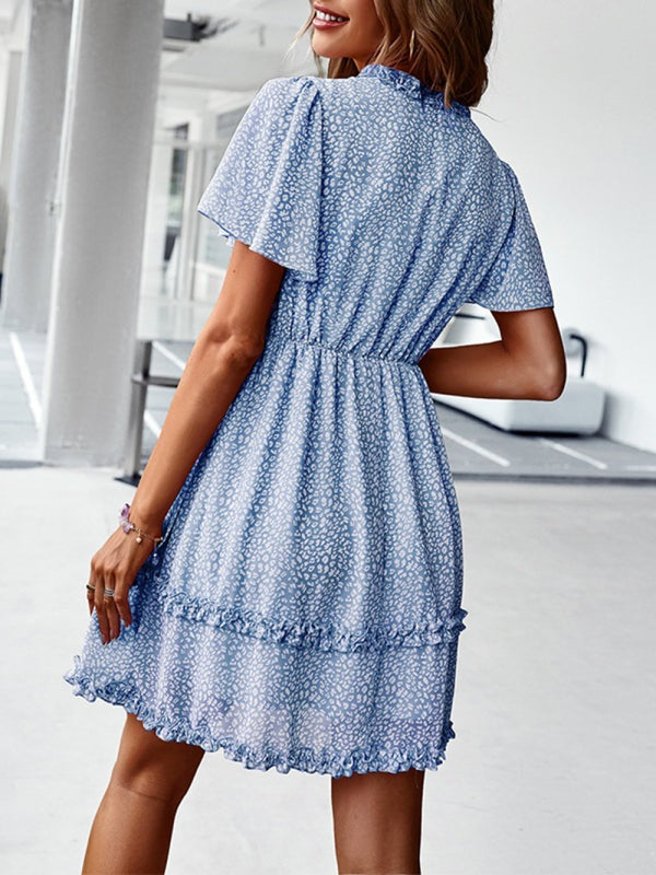 V-Neck Ruffled Mini Dress with Short Flutter Sleeves