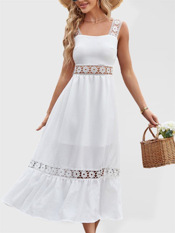 Sleeveless High Waist Midi Dress with Lace Detail