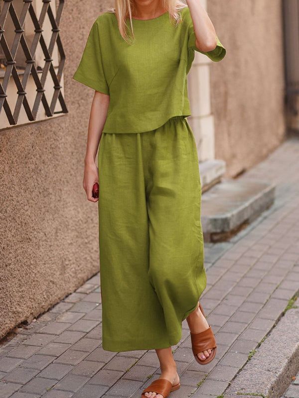 Loose Fit Short Sleeve Top with Wide Leg Pants Set