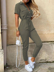 Short Sleeve Cargo Jumpsuit with Belt and Lapel in 5 Colors Sizes 6-16