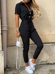 Short Sleeve Cargo Jumpsuit with Belt and Lapel in 5 Colors Sizes 6-16