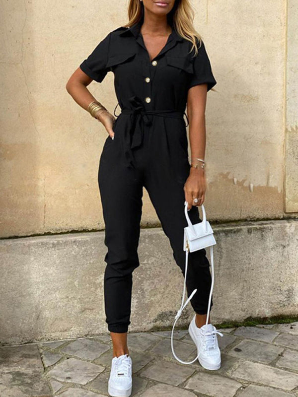 Short Sleeve Cargo Jumpsuit with Belt and Lapel in 5 Colors Sizes 6-16