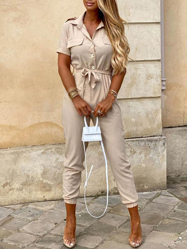 Short Sleeve Cargo Jumpsuit with Belt and Lapel in 5 Colors Sizes 6-16