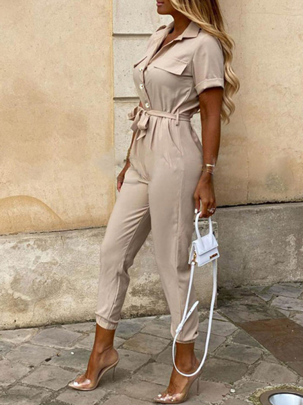 Short Sleeve Cargo Jumpsuit with Belt and Lapel in 5 Colors Sizes 6-16