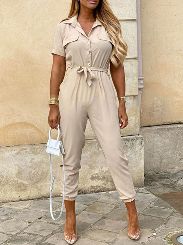 Short Sleeve Cargo Jumpsuit with Belt and Lapel in 5 Colors Sizes 6-16