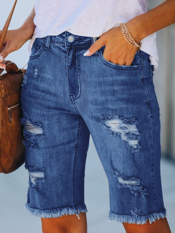 Zerrissene Jeans-Shorts bis zur Mitte des Oberschenkels in 3 Farben, Größen 4–22 