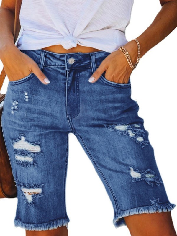 Zerrissene Jeans-Shorts bis zur Mitte des Oberschenkels in 3 Farben, Größen 4–22 