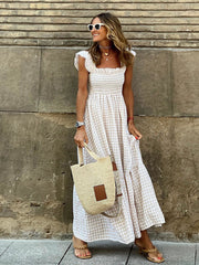 Checker Print Smocked Tiered Sundress with Ruffled Sleeves in 4 Colors Sizes 4-24