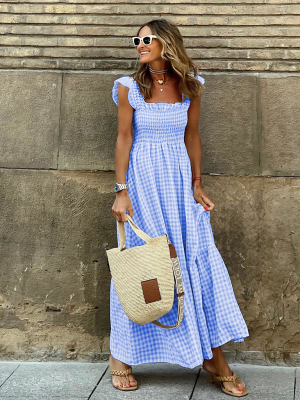 Checker Print Smocked Tiered Sundress with Ruffled Sleeves in 4 Colors Sizes 4-24