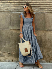 Checker Print Smocked Tiered Sundress with Ruffled Sleeves in 4 Colors Sizes 4-24