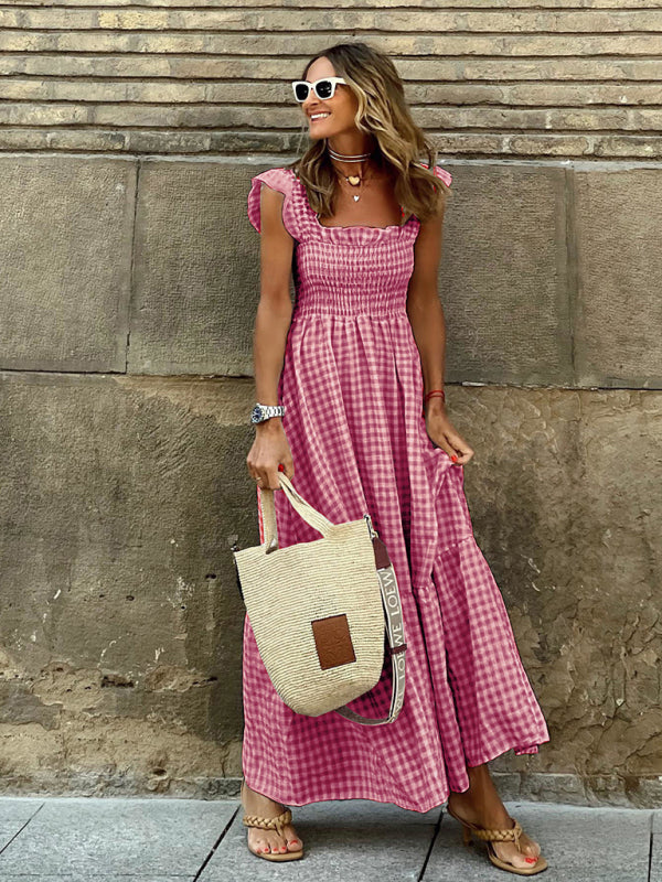 Checker Print Smocked Tiered Sundress with Ruffled Sleeves in 4 Colors Sizes 4-24