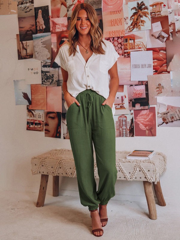 Solid Linen Jogger Pants with Drawstring Waist and Pockets in 6 Colors Sizes 4-18