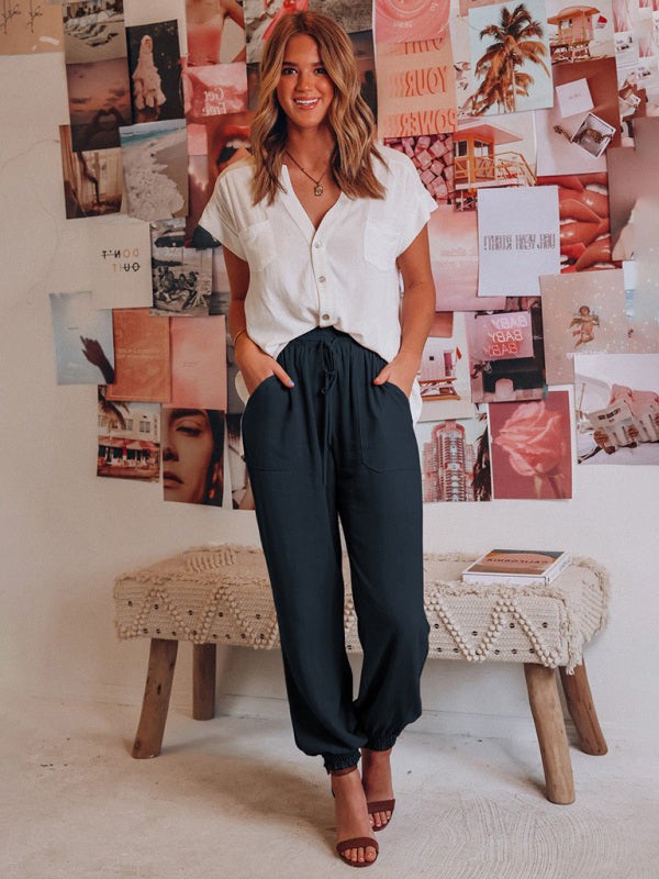 Solid Linen Jogger Pants with Drawstring Waist and Pockets in 6 Colors Sizes 4-18