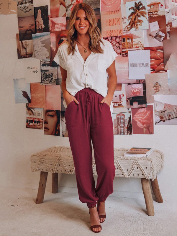 Solid Linen Jogger Pants with Drawstring Waist and Pockets in 6 Colors Sizes 4-18