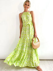 Geometric Print Halter Neck Sleeveless Boho Maxi Dress S-XL