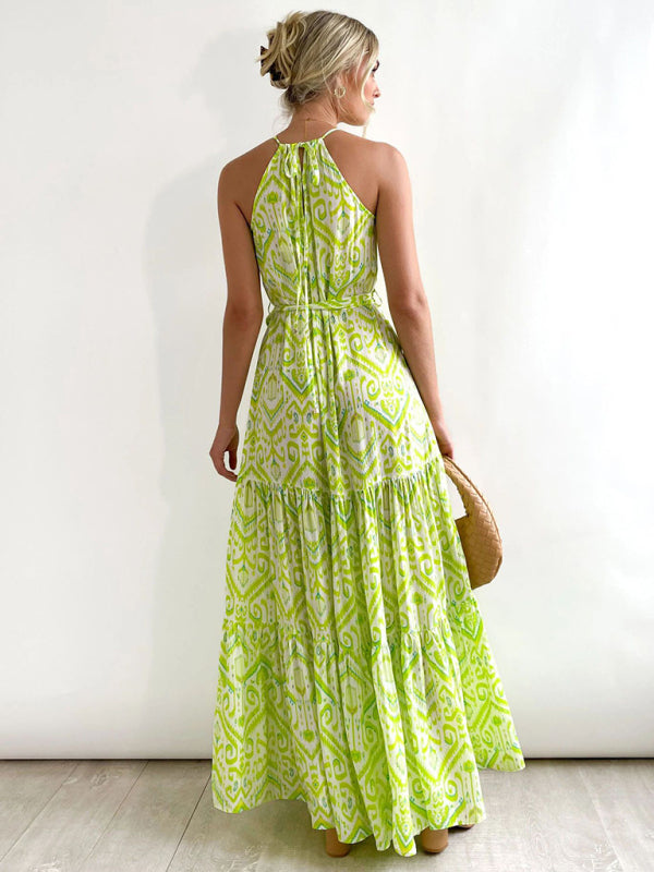 Geometric Print Halter Neck Sleeveless Boho Maxi Dress S-XL