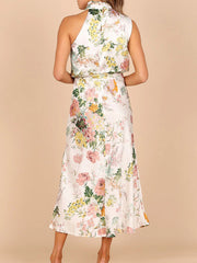 Sleeveless Halter Neck Printed Satin Maxi Dress in 6 Patterns S-XL