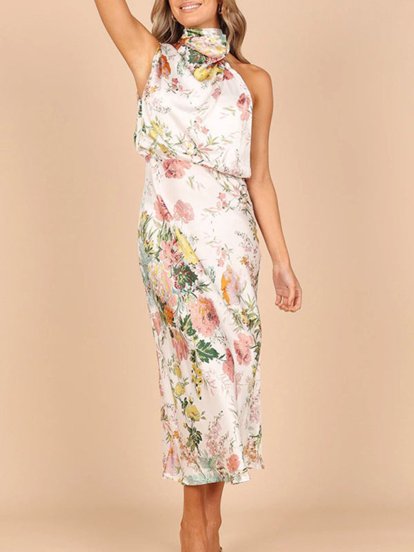 Sleeveless Halter Neck Printed Satin Maxi Dress in 6 Patterns S-XL
