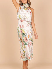 Sleeveless Halter Neck Printed Satin Maxi Dress in 6 Patterns S-XL