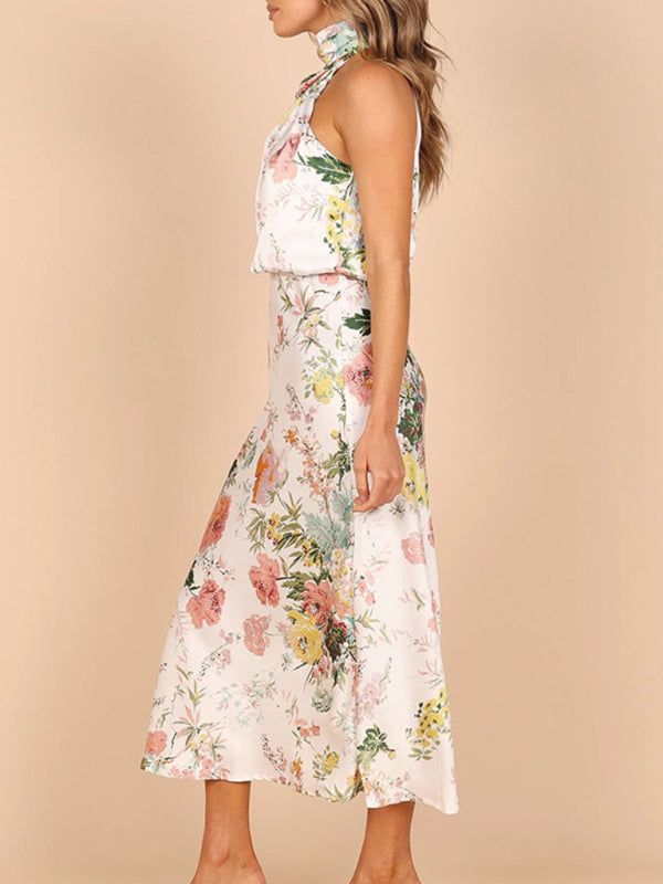 Sleeveless Halter Neck Printed Satin Maxi Dress in 6 Patterns S-XL